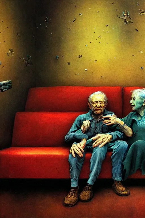 Image similar to highly detailed photo of a very old couple sitting on a couch, psx game graphics , Beksinski painting, part by Adrian Ghenie