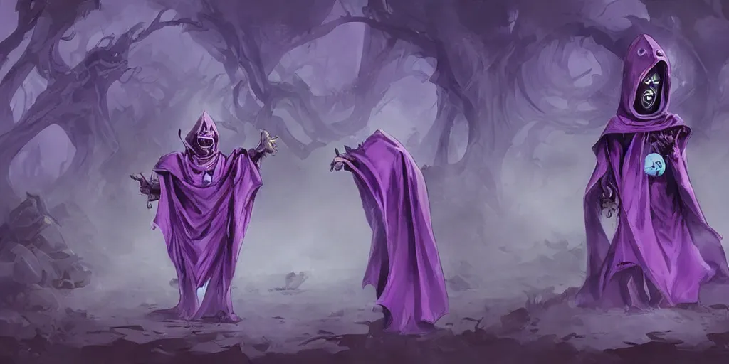 Image similar to cute purple cloaked lich summoning, illustration by Brom:5, cute:2, lich:-1