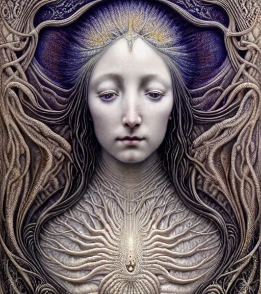 Image similar to detailed realistic beautiful ice goddess face portrait by jean delville, gustave dore, iris van herpen and marco mazzoni, art forms of nature by ernst haeckel, art nouveau, symbolist, visionary, gothic, neo - gothic, pre - raphaelite, fractal lace, intricate alien botanicals, ai biodiversity, surreality, hyperdetailed ultrasharp octane render