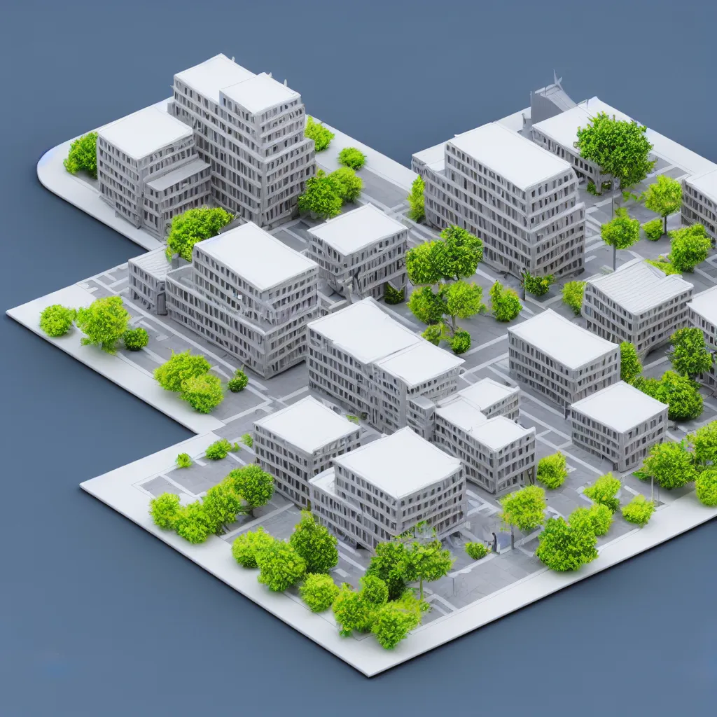 Prompt: architectural model, isometric view, 3 d render, studio lighting, low contrast, brightly lit studio, highly detailed, a thick building with diagonally zig - zag plan and large windows, tree