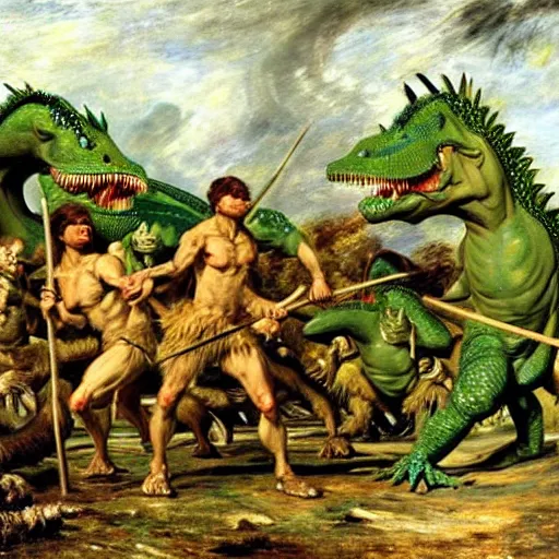 Image similar to A green scaly dinosaur!!! fighting with several realistic detailed cavemen with proportioned bodies armed with spears, the cavemen are wearing animal furs, coarse canvas, visible brushstrokes, intricate, extremely detailed painting by John Constable