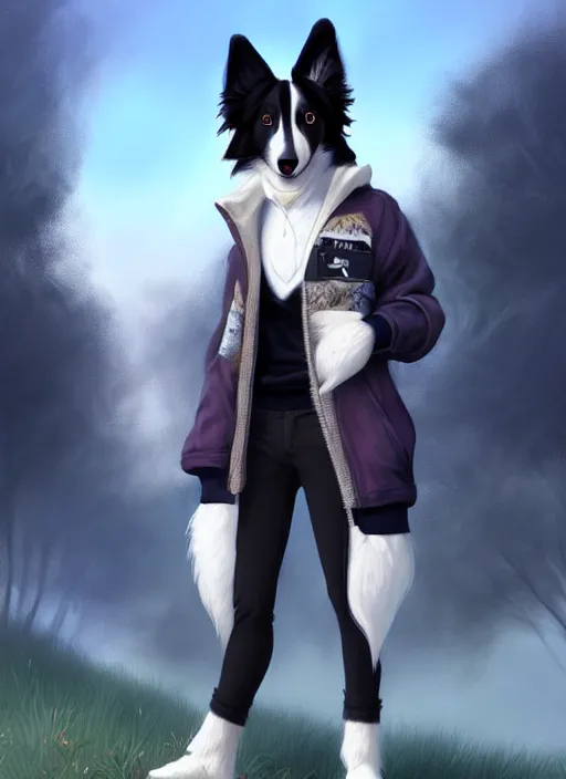 Image similar to full body digital painting of a cute male anthropomorphic border collie fursona wearing a jacket in front of a park, furaffinity, scenic background, intricate, elegant, beautiful, fantasy, highly detailed, trending on artstation, art by charlie bowater, henry asencio, and ross tran