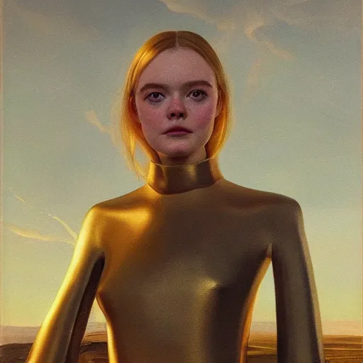 Prompt: Elle Fanning as an Android, head and shoulders masterpiece, oil on canvas, golden hour, in the world of Andrew Wyeth and Bruce Pennington, artstation, by J. C. Leyendecker and Peter Paul Rubens,