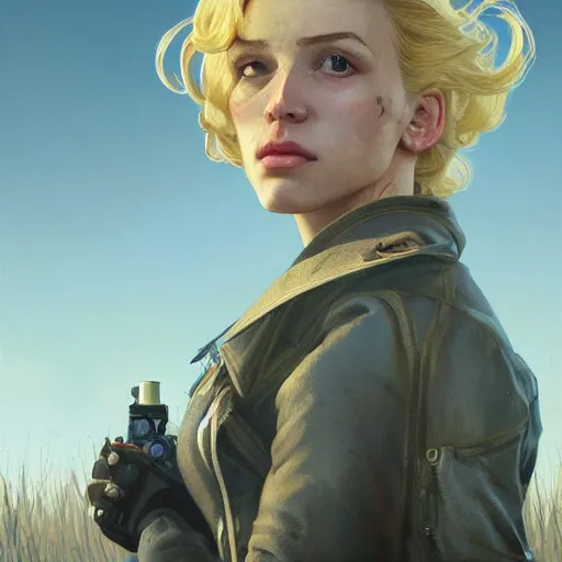 Image similar to Half portrait of a woman with blonde hair as a character in Fallout 4 walking in Boston City, gorgeous, beautiful, intricate, highly detailed, digital painting, artstation, oppressive lighting, concept art, sharp focus, illustration, art by greg rutkowski and alphonse mucha