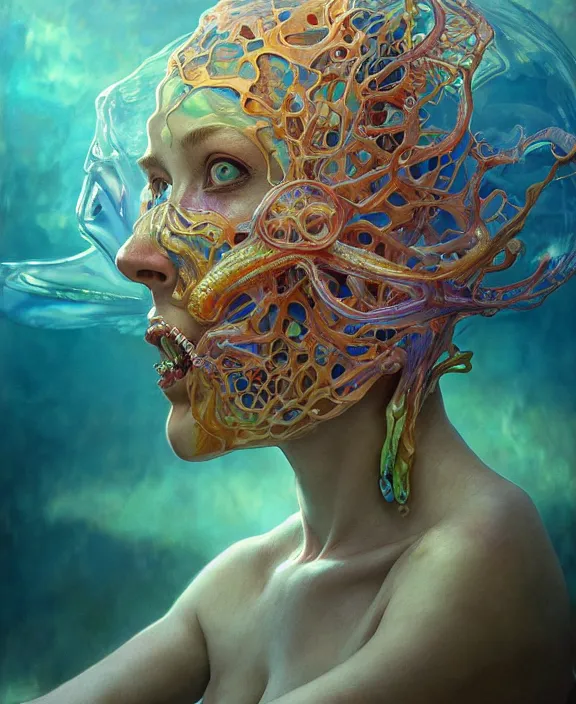 Image similar to ornate colorful transparent portrait of a terrifying beautiful alien sea creature, mottled coloring, adorable, childlike, horror environment, ultra realistic, concept art, art nouveau, photorealistic, octane render, 8 k, unreal engine. art by christopher marley and artgerm and greg rutkowski and alphonse mucha