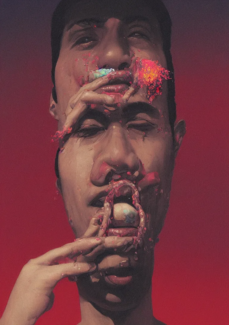 Prompt: a closeup portrait of a young moroccan man licking a tab of LSD acid on his tongue and dreaming psychedelic hallucinations, by kawase hasui, moebius, Edward Hopper and James Gilleard, Zdzislaw Beksinski, Steven Outram colorful flat surreal design, hd, 8k, artstation