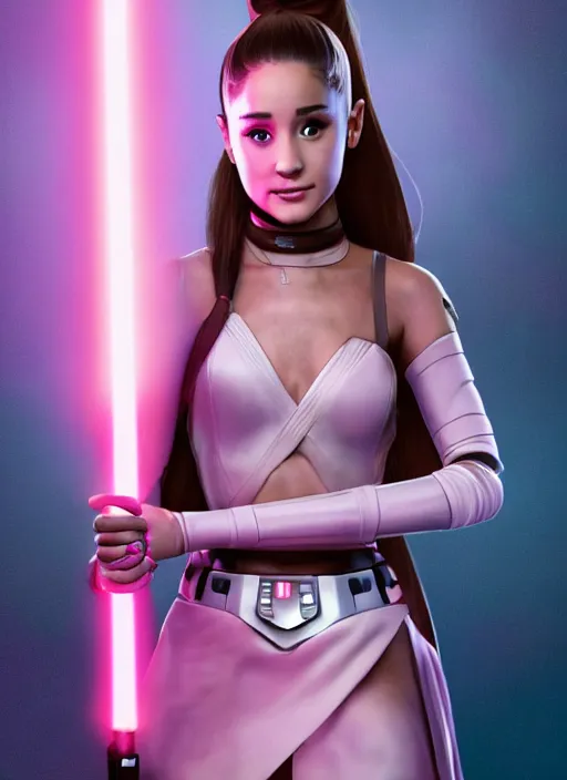 Image similar to Still action photo of Ariana Grande in the Star Wars universe holding two pink lightsabers in each hand. Maximum detail on artstation, photo realism, vivd details, vivd colour, volumetric lighting