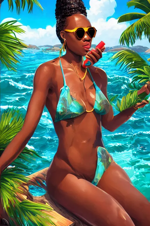 Image similar to a highly detailed beautiful portrait of Black women in the Caribbean wearing aquamarine bikini and shades, full glossy lips, drinking out of a coconut highly detailed, 2d game fanart behance hd by Jesper Ejsing, by RHADS, Makoto Shinkaih and Lois van baarle, ilya kuvshinov, rossdraws global illumination, cinematic , hyper-reslistic, depth of field, coherent, high definition, 8k resolution octane renderer, artstation