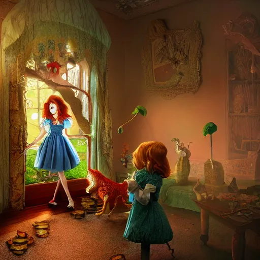 Image similar to alice in wonderland, illustration, 3 d, mistic atmosphere, scarry, octane render, intricate, hyper detailed, morning light, cute, well rendered