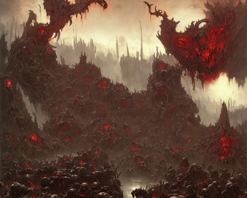 Prompt: doom eternal concept art by jakub rozalski, garden of eternal delights hell by hieronymus bosh, triumph of death by pieter brueghel, doom eternal hell by wayne barlowe