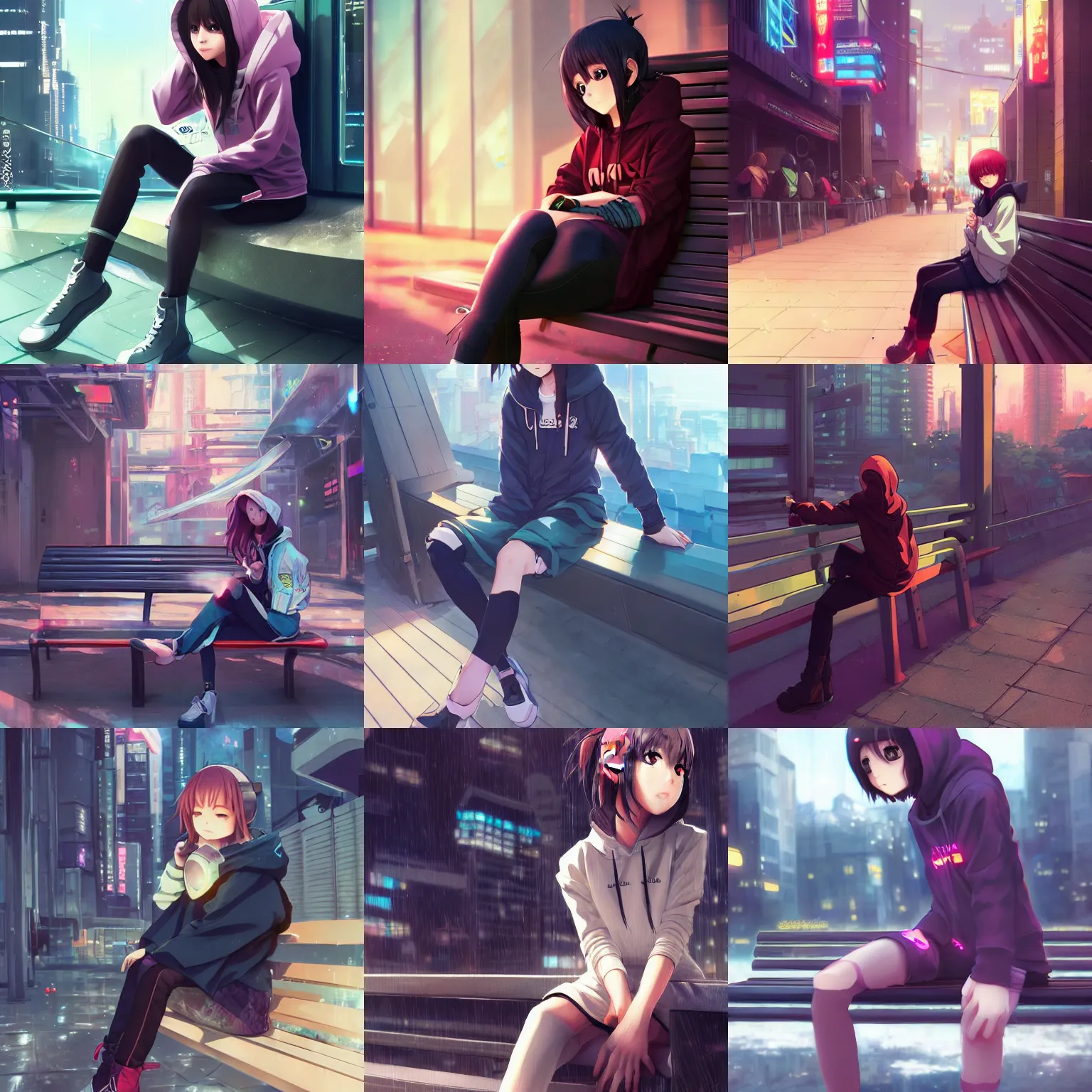 Prompt: anime girl wearing hoodie sitting on a bench in a cyberpunk city, digital anime art, full body shot, wlop, ilya kuvshinov, artgerm, krenz cushart, greg rutkowski