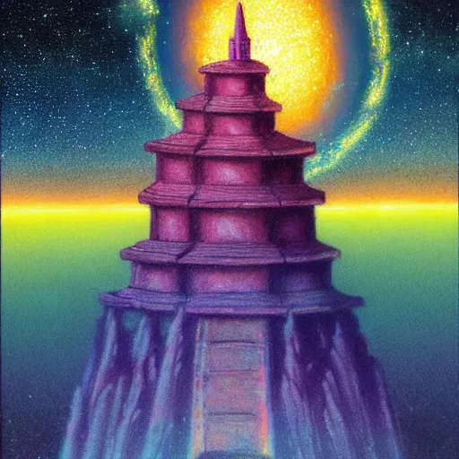 Image similar to a landscape pastel in the style of noriyoshi ohrai of an ancient holy tower, it has iridescent mana radiating from it. it is centered. the background is the starry sky at night. key art. 4 k retrofuturistic fantasy