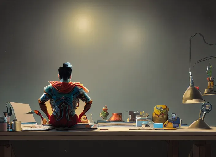 Image similar to an insanely detailed painting of an asian man wearing a homemade superhero costume, sitting at a desk, staring seriously at the computer and typing, in the style of peter mohrbacher, james jean, artgerm, dramatic lighting and composition, surreal background, octane render, pixar, trending on artstation, concept art, comic book, view from behind, 8 k