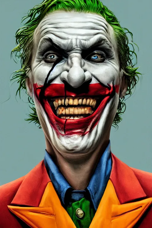 Image similar to cinematic portrait of the Joker. Centered, uncut, unzoom, symmetry. charachter illustration. Surreal render, ultra realistic, zenith view. Polished. Inspired by patricio clarey, heidi taillefer scifi painter glenn brown. Extremely ornated. artstation, cgsociety, unreal engine, ray tracing, detailed illustration, hd, 4k, digital art, overdetailed art. Dslr, tiltshift, dof. 64megapixel. complementing colors. Trending on artstation, deviantart,