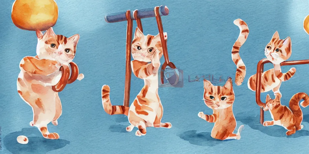 Prompt: watercolor illustration style, cute cats training in the fitness studio