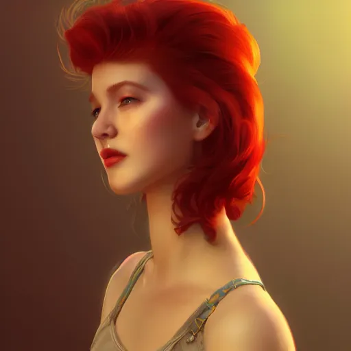 Prompt: a portrait of a pretty young woman, red hair, wearing 1 9 8 0 s fashion, cinematic lighting, cinematic atmosphere, character concept art by wlop and artgerm, trending on artstation, 4 k detail, hyperdetailed, 8 k