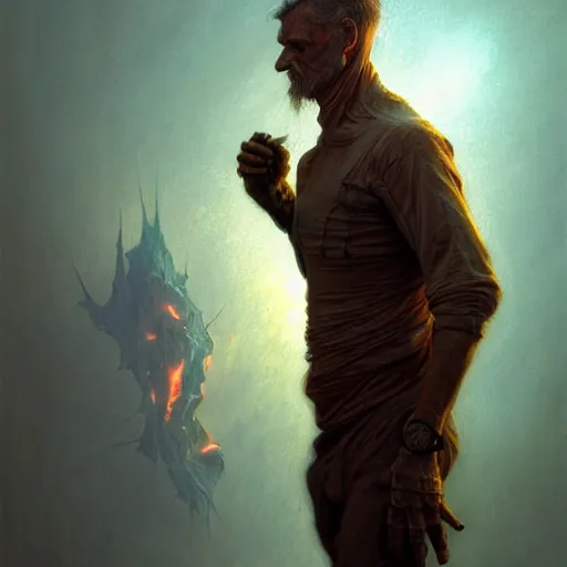 Image similar to a hyper - realistic character concept art portrait of a man on fire, depth of field background, artstation, award - winning realistic sci - fi concept art by jim burns and greg rutkowski, beksinski, a realism masterpiece, flesh - tone color palette, james gilleard, bruegel, alphonse mucha, and yoshitaka amano.