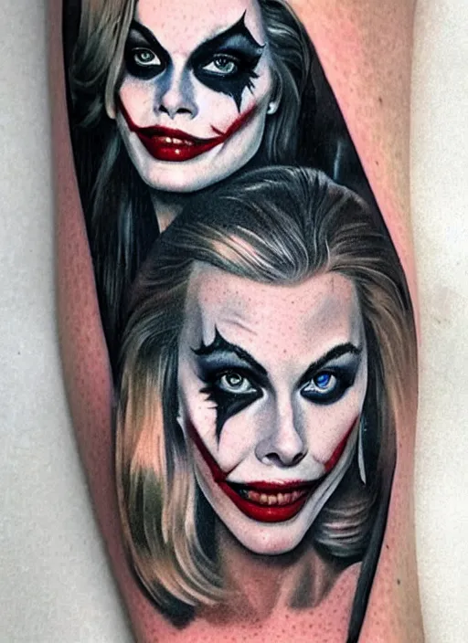 Image similar to tattoo design of beautiful margot robbie with a little smile with joker makeup and holding ace card, in the style of den yakovlev, realistic face, black and white, realism tattoo, hyper realistic, highly detailed