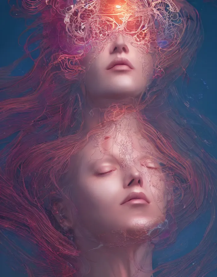 Prompt: goddess portrait, jellyfish phoenix head, intricate artwork by Tooth Wu and wlop and beeple, greg rutkowski, very coherent symmetrical artwork, cinematic, hyper realism, high detail, octane render, unreal engine, 8k, Vibrant colors, Smooth gradients, High contrast, depth of field