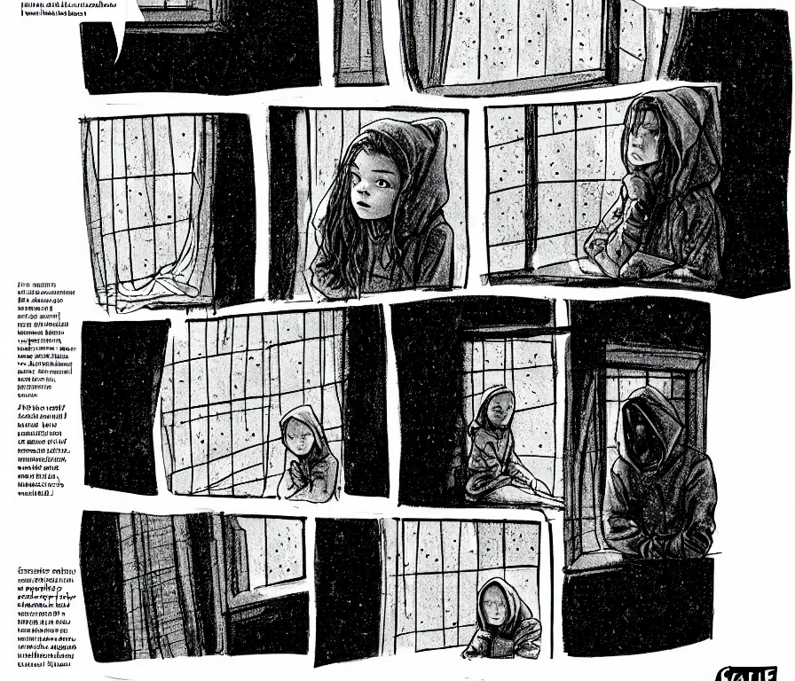 Image similar to sadie sink in hoodie sits on windowsill, knees tucked in | rain falls at night : storyboard, scifi cyberpunk. by chris bonura. cinematic atmosphere, detailed and intricate, perfect anatomy