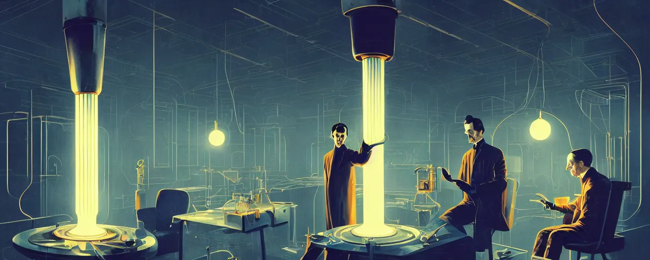 Prompt: duotone retro futuristic illustration 3 / 4 portrait of nikola tesla conducting experiments in wardenclyffe tower. cinematic lighting. golden ratio accidental renaissance. by sachin teng and sergey kolesov and ruan jia and heng z. graffiti art, scifi, fantasy, hyper detailed. octane render. concept art. trending on artstation