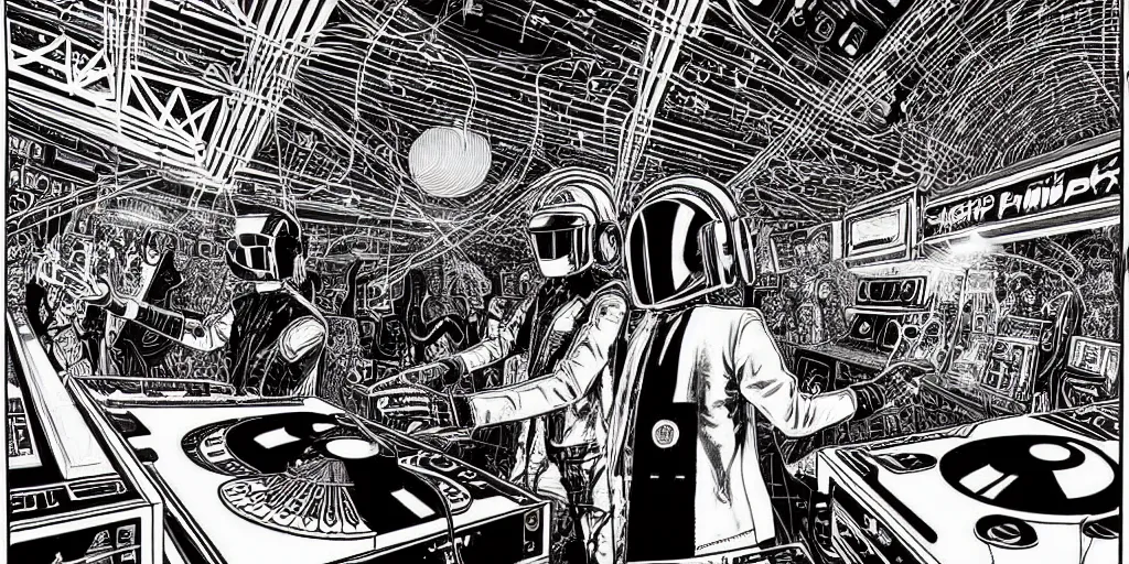 Image similar to intricate detailed artwork of Daft Punk using dj controller at an underground warehouse rave in Ibiza playing techno house music, housands of beautiful gorgeous female dancing in bikini, in the style of Moebius, wires, speakers, black and white ink, some ink drips