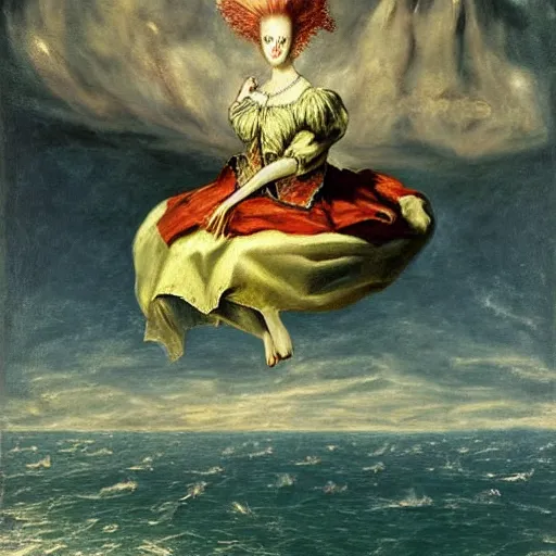 Prompt: Marie Antoinette levitating over the seas. By El Greco, Remedios Varo, Salvador Dali, Carl Gustav Carus, John Atkinson Grimshaw. Award winning, trending on artstation, masterpiece, highly detailed.