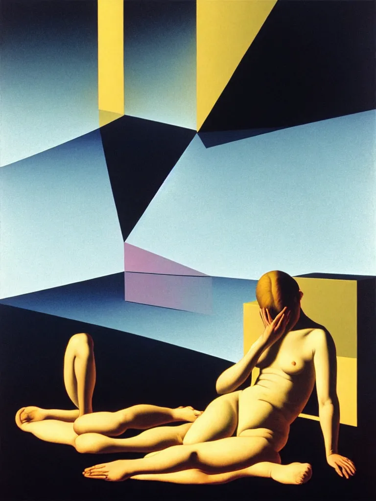 Image similar to hyperrealistic still life wide shot a woman sitting on the ground relaxing, sacred geometry, light refracting through prisms, by caravaggio, surrealism, vivid colors, serene, golden ratio, rule of thirds, negative space, minimalist composition, by rene magritte and james turrell