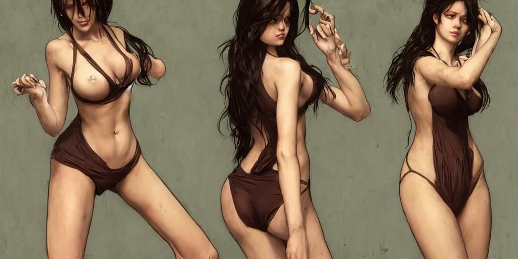 Image similar to dark-haired beauty in bikini styles Eveline from Resident evil 7, highly detailed, digital painting, artstation, concept art, smooth, sharp focus, illustration, ArtStation, art by artgerm and greg rutkowski and alphonse mucha and J. C. Leyendecker and Edmund Blair Leighton and Katsuhiro Otomo and Geof Darrow and Phil hale and Ashley wood and Ilya repin and Charlie Bowater