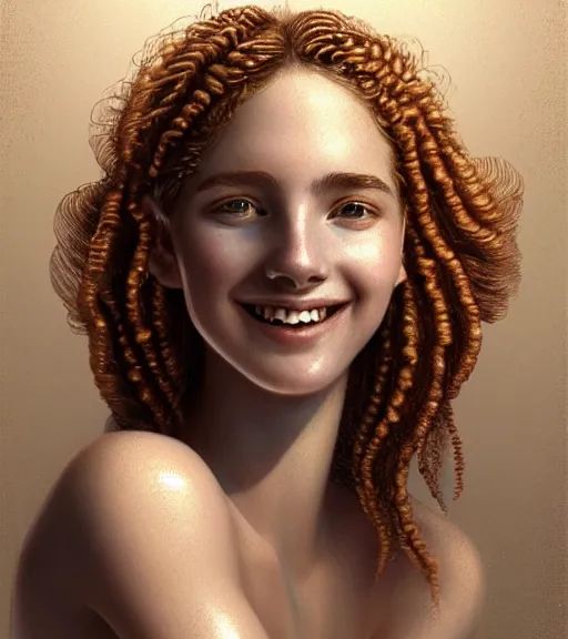 Prompt: portrait of teenage aphrodite, light freckles, curly copper colored hair, smiling kindly, wearing an embroidered white linen dress, intricate, elegant, mother of pearl jewelry, glowing lights, highly detailed, digital painting, artstation, concept art, smooth, sharp focus, illustration, art by wlop, artgerm, and greg rutkowski