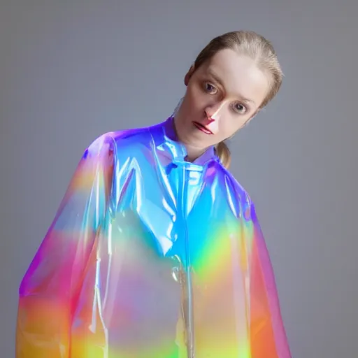 Prompt: an ultra high definition professional studio quality photograph of a transparent iridescent perspex pastel coloured raincoat and head tent on a model in an empty white room. dramatic lighting, ray tracing, refraction, shallow d. o. f, colour corrected, golden ratio, three point light. volumetric shadows. light rays.