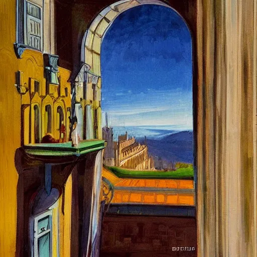 Image similar to street art. paralyzed by the indescribable beauty of the cosmos. amazing view of the palacio da pena. art style by edward hopper daring, incredible