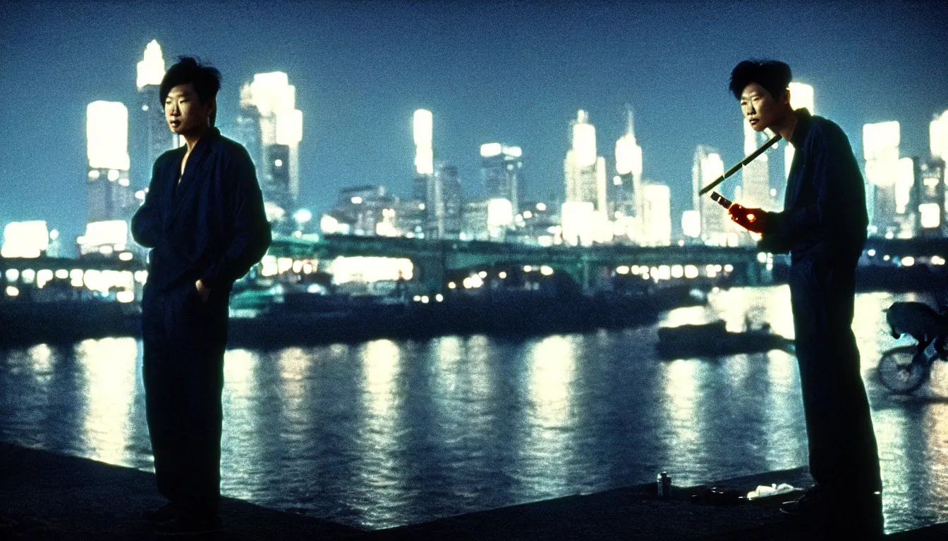 Image similar to 80s asian neon movie still with a man smoking cigarette by the river at night with city lights behind his back. Fallen angels movie still. hyperrealistic, high definition, medium format photography, highly detailed, tehnicolor