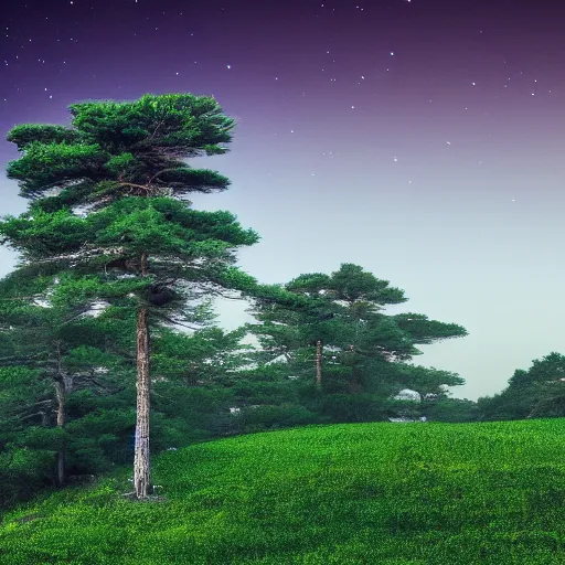Prompt: night landscape with cypress trees soft colours high resolution 4 k wallpaper