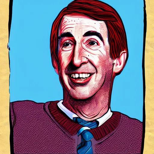 Image similar to mr. rodgers in a blood stained sweater, digital art