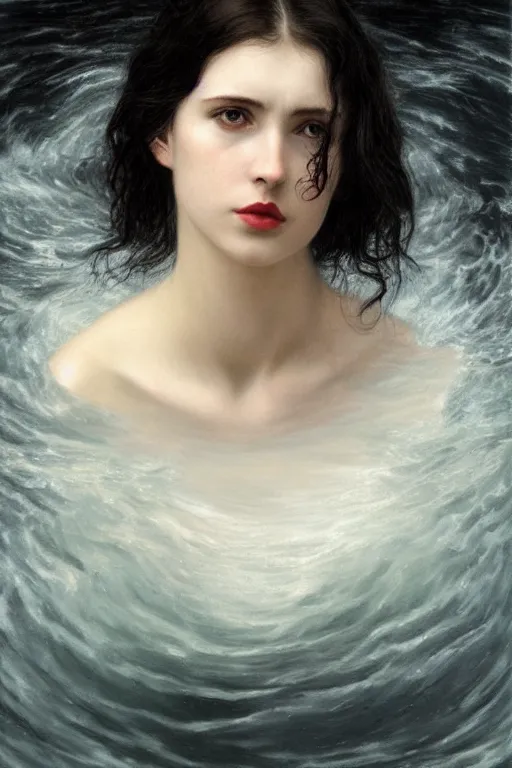 Image similar to young woman's face breaking the waters surface, long black hair, pale skin, symmetrical face, photorealism, 4k, dramatic lightning, by Millais,