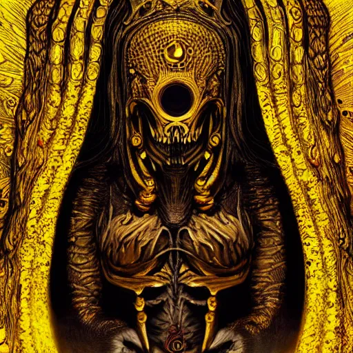 Prompt: The king in yellow, cosmic horror, gothic, highly detailed, digital art, trending on artstation,