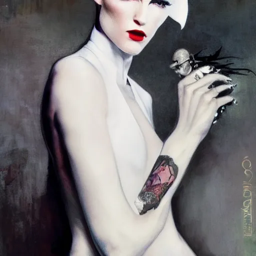 Image similar to stunning portrait of androgynous ruby rose as desire from sandman in a white tuxedo!!!, rockabilly style,, by alphonse mucha, by jeremy mann, by peter lindbergh, dave mckean, by maurice sapiro, by frank moth, white suit and black tie, soft lightning, high detailed, 8 k