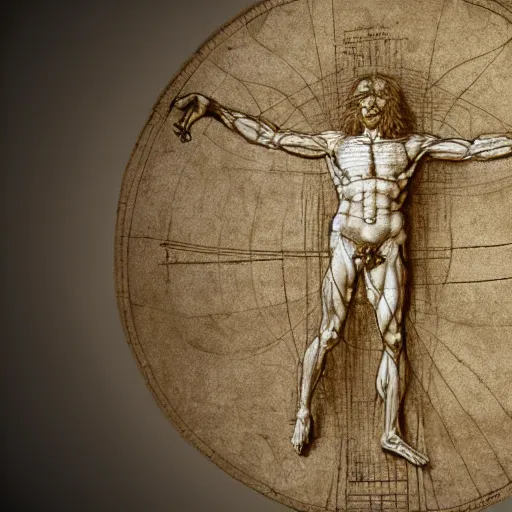 Image similar to Da Vinci's Vitruvian Man as a marble sculpture by Michelangelo, gold ring, 4k, hyper realistic, detailed, accurate anatomy, four legs, four arms, octane render, well lit studio lighting