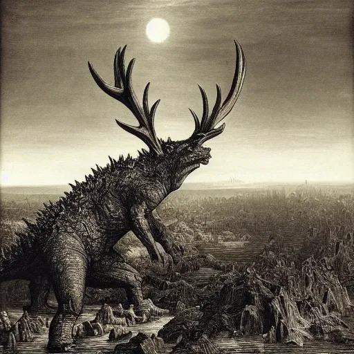 Image similar to godzilla sized deer demolish city, gustave dore, hiremious bosch, lovecraft, highly detailed, intricate, dramatic, realistic