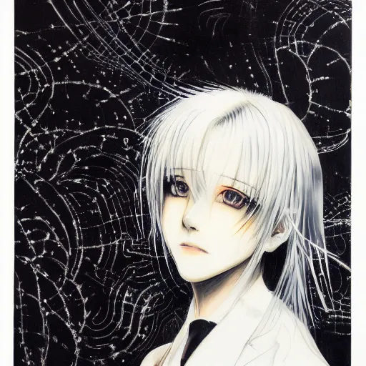 Image similar to Yoshitaka Amano style portrait of an anime girl with white hair and black eyes wearing suit with patterns, abstract black and white background, film grain effect, highly detailed, oil painting