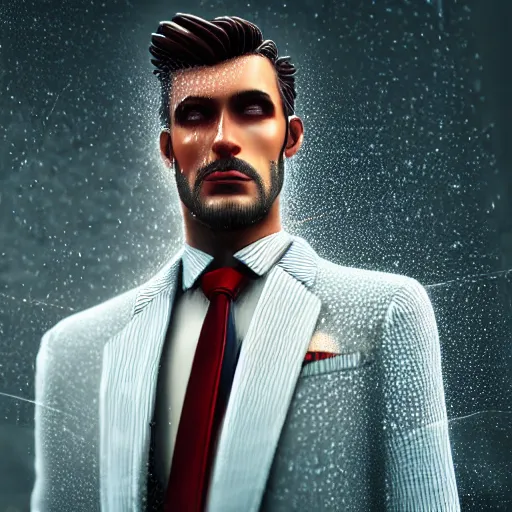 Image similar to stylish man cartoon portrait made out of rain, pinstripe suit, cyberpunk background, rendered in octane, unreal engine, highly detailed, trending on artstation, realistic, neon, beautiful, volumetric lighting, depth of field