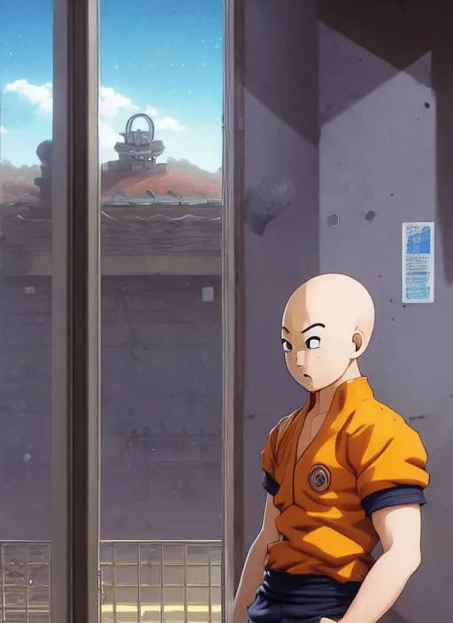 Image similar to highly detailed krillin standing outside building with a window with metal bars and naruto uzumaki with black hair behind them art by greg rutkowski, loish, rhads, ferdinand knab, makoto shinkai and lois van baarle, ilya kuvshinov, rossdraws, tom bagshaw, global illumination, radiant light, detailed and intricate environment