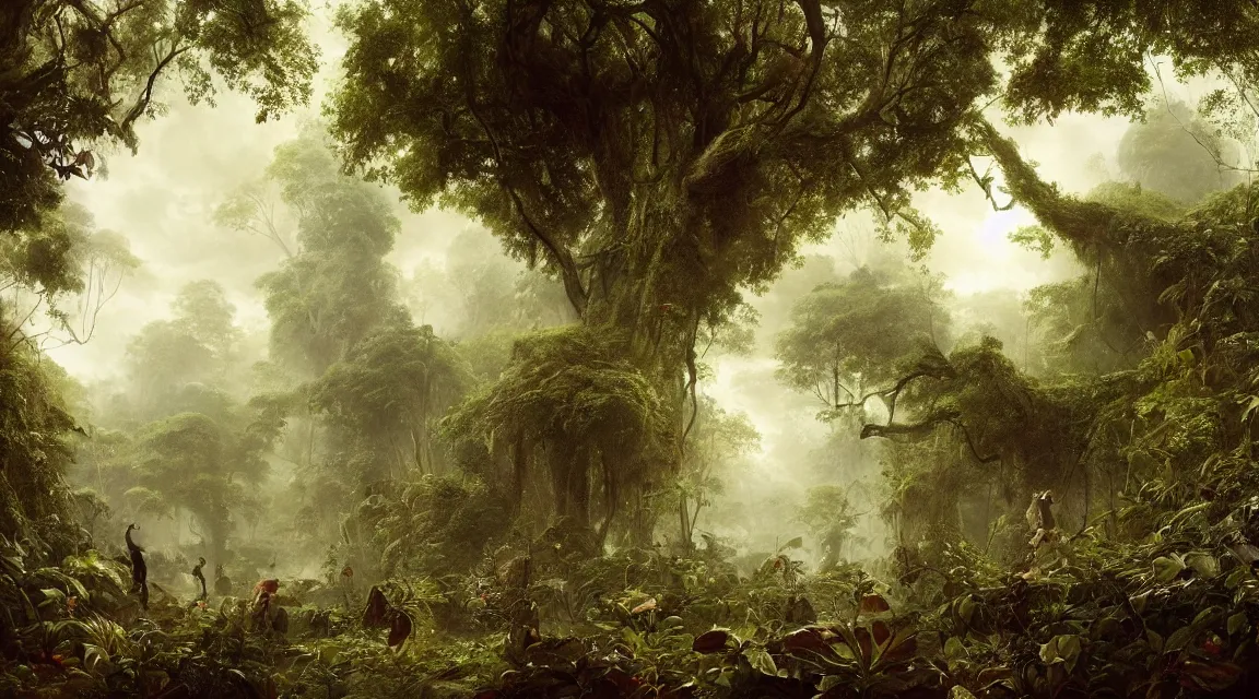 Prompt: dangerous jungle with huge leaves. edward gorey, andreas achenbach, artgerm, mikko lagerstedt, zack snyder, tokujin yoshioka