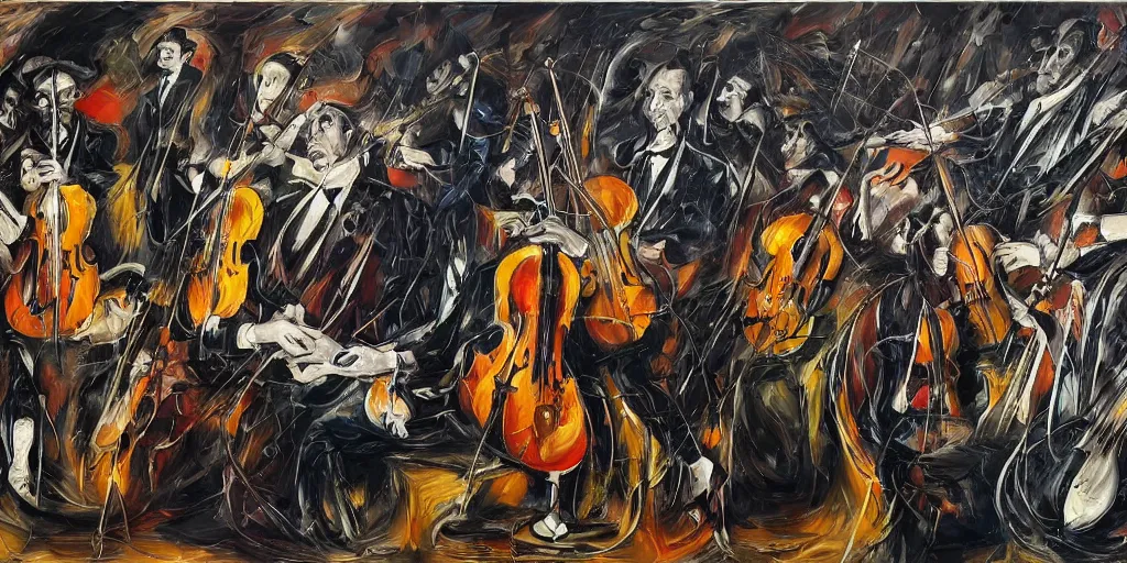 Image similar to an ultra detailed oil painting which interprets the harmony of a symphony, instruments, orchestra, sheet music, pierre soulages, jackson pollock, triadic color scheme