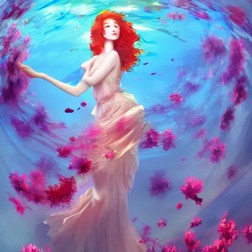 Image similar to Ginger woman in a swirling sundress of flowers, underwater, floral explosion, radiant light, vortex of plum petals, by WLOP and artgerm, artstation, deviantart, pixiv