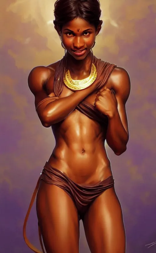 Image similar to young genie emerging from her lamp, brown skin, short brown hair, confident smile, abs, female, brown eyes, anatomically correct hands!!!!!!, amazing, thighs!!!!!!, muscular, intricate, highly detailed, digital painting, artstation, concept art, sharp focus, illustration, art by greg rutkowski and alphonse mucha