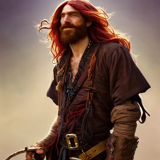 Image similar to portrait of a young ruggedly handsome but joyful pirate, male, masculine, upper body, crimson hair, long long flowing hair, fantasy, smug smirk, intricate, elegant, highly detailed, digital painting, artstation, concept art, matte, sharp focus, illustration, art by artgerm and greg rutkowski and alphonse mucha