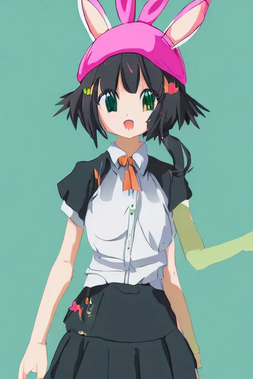 Prompt: Tonemapped cheerful Anime girl with bunny hat in the style of Makoto Shinkai and Clamp