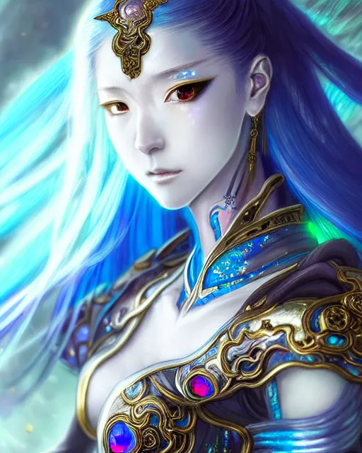 Image similar to anime portrait of an iridescent opal cyborg kunoichi, intricate ornate details, fantasy, elegant, highly detailed, digital painting, artstation, concept art, smooth, sharp focus, illustration, artbook, splash art, promo art, soul calibur, league of legends, art by artgerm and greg rutkowski and bo chen and jin xiaodi